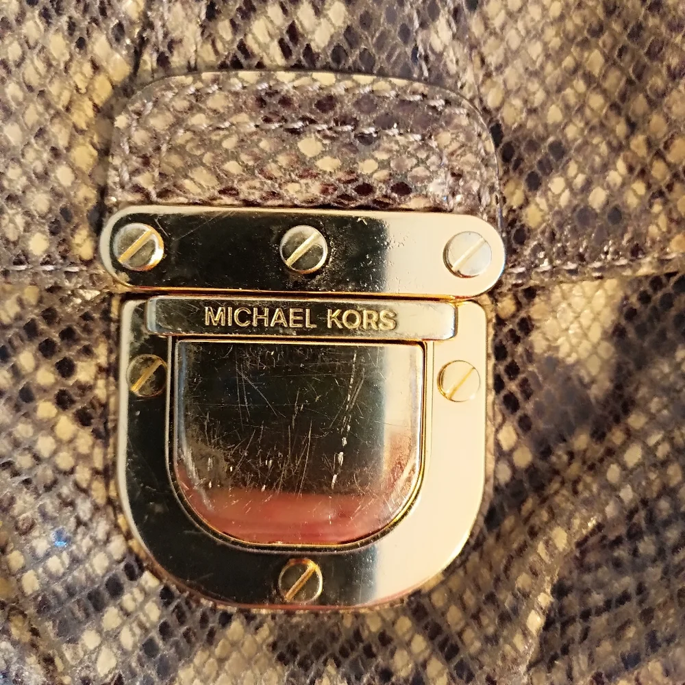 Micheal Kors tan and black small faux snake skin crossbody